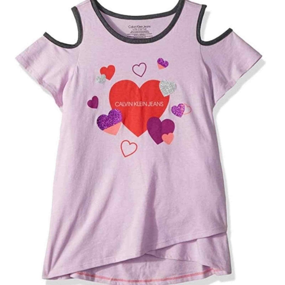 Calvin Klein Jeans Cold Shoulder Top Kids 5 NWT Purple Glitter Heart Graphic